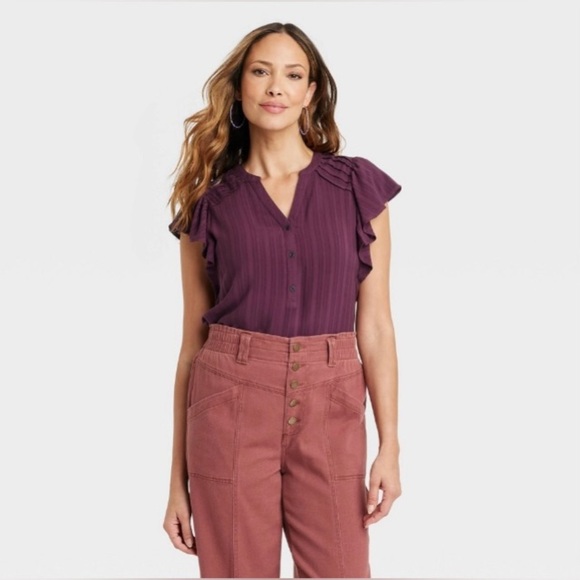 NWT Knox Rose Women's Flutter Short Sleeve Deep V-Neck Tank Top Plum - Picture 1 of 4